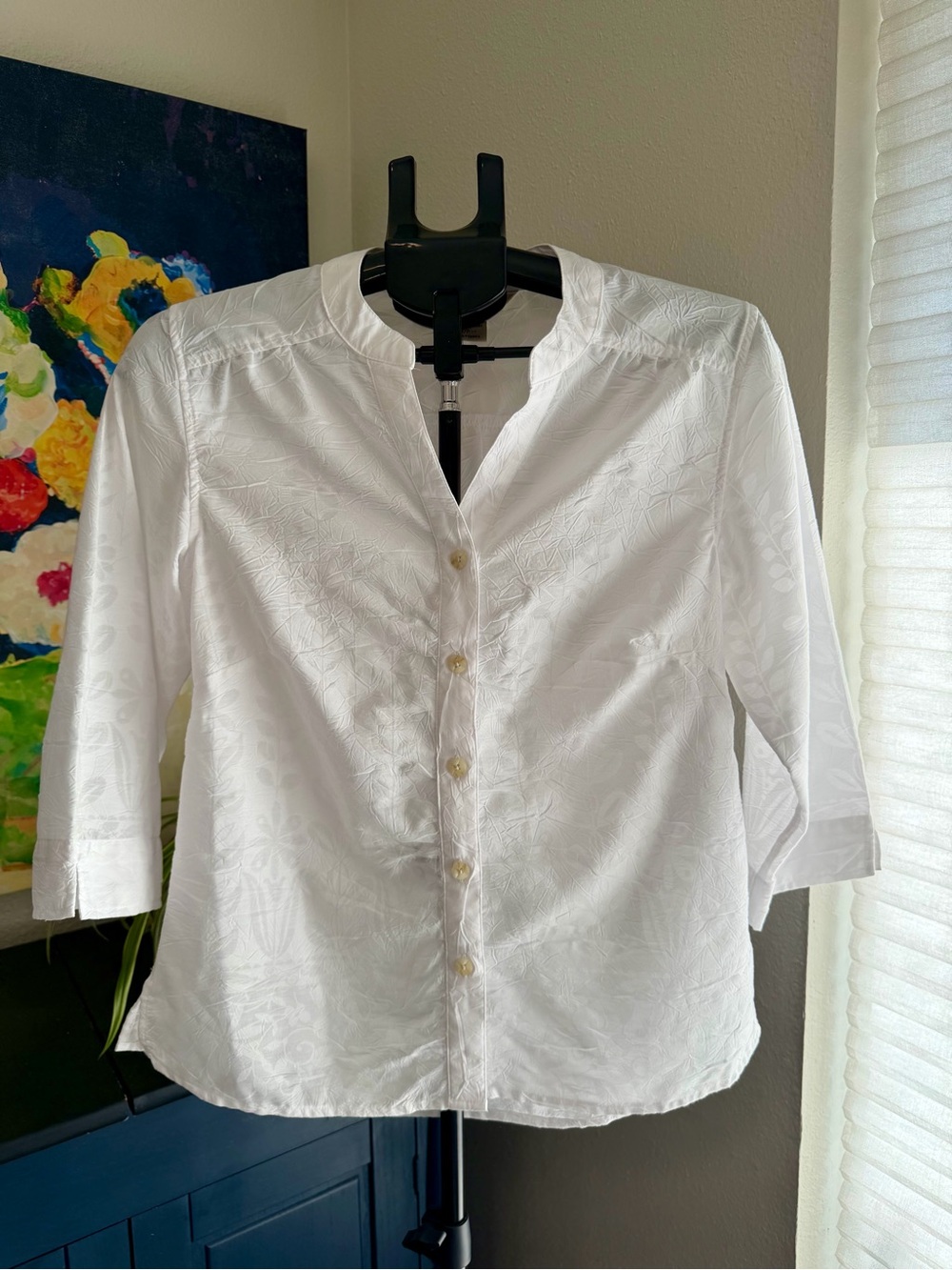 Exofficio White Floral Jacquard Button Front Blouse 3/4 Sleeve S